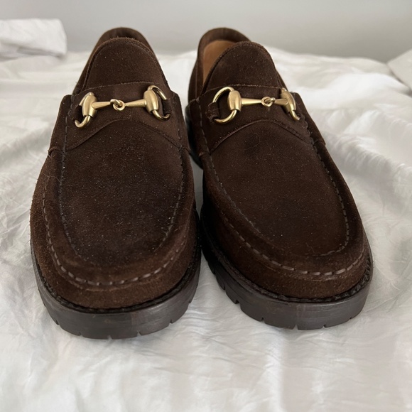 Men's Gucci Brown Swede Classic Style Loafers Gold Horseshoe Bit 41.5/8.5 - Picture 13 of 14